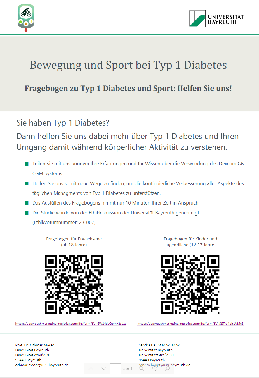 Fragebogen zu Typ 1 Diabetes und Sport